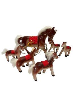 Vintage Ceramic Horse with 5 Ponies on Chain Figurine Red Saddle Japan Artmark